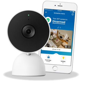 Google indoor wired home security camera and iphone showing camera views with optional arm disarm lock and lights features